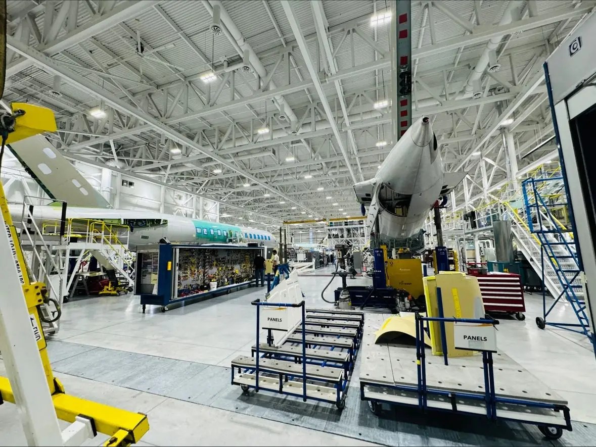 Aviation freight being handled in an aircraft hangar