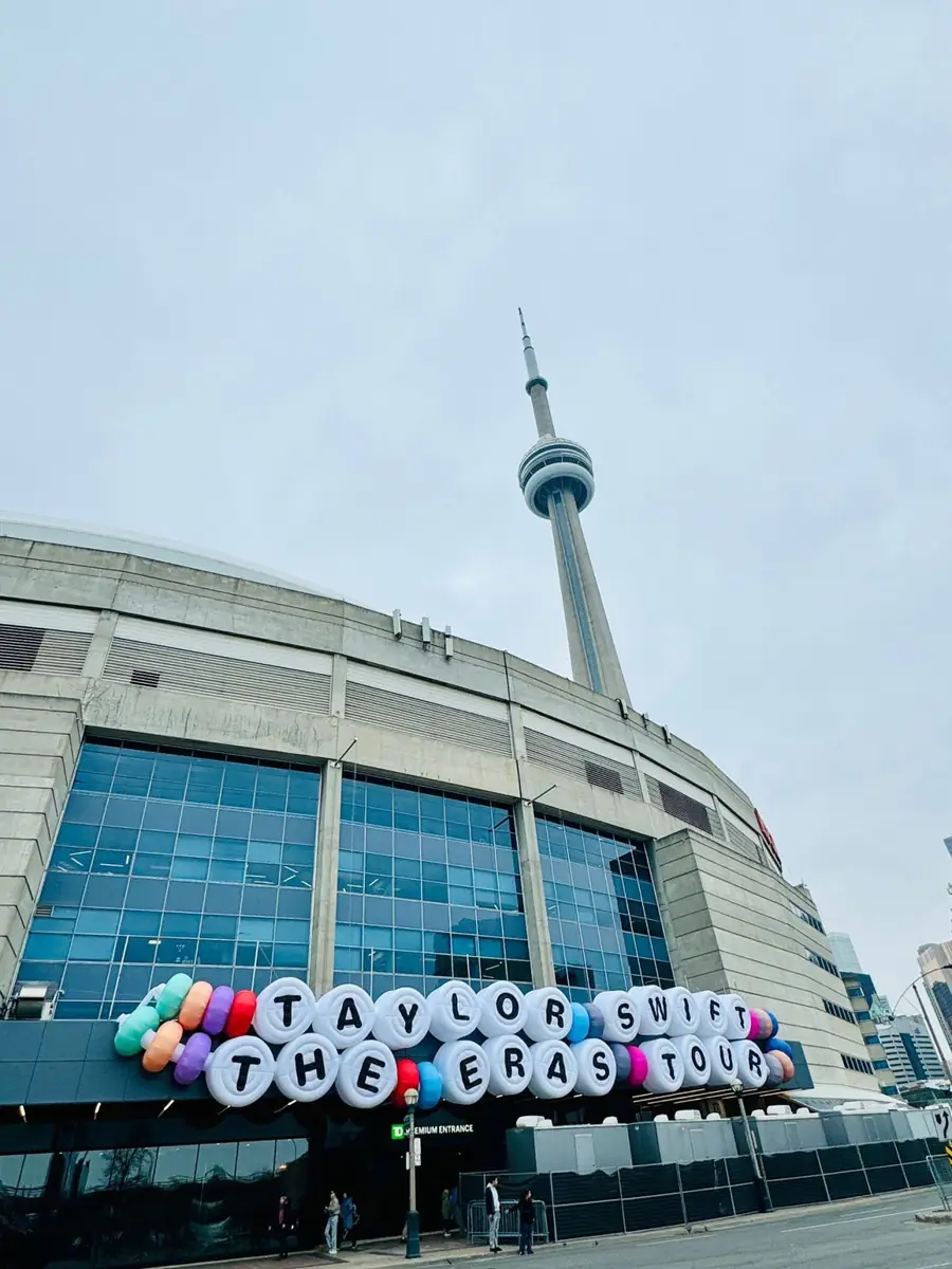 Taylor Swift Eras Tour friendship bracelet signage at Rogers Centre with CN Tower